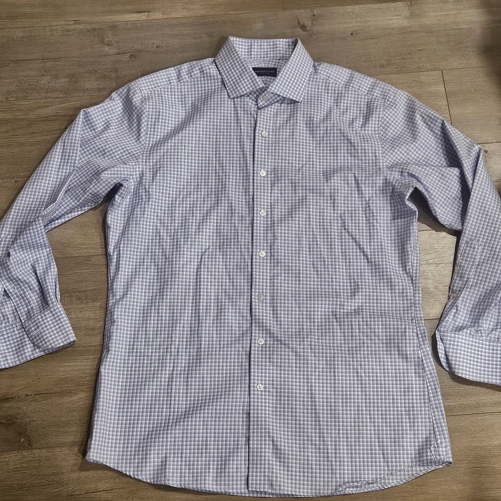 Proper Cloth Shirt Mens Medium Purple Checkerboard Non-Iron Stretch Long‎ Sleeve